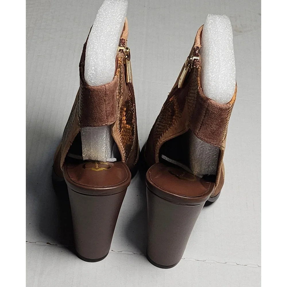 C‎ Wonder Ivy Tan Brown Patchwork Snakeskin Suede Peep Toe Block Heel Booties 5M